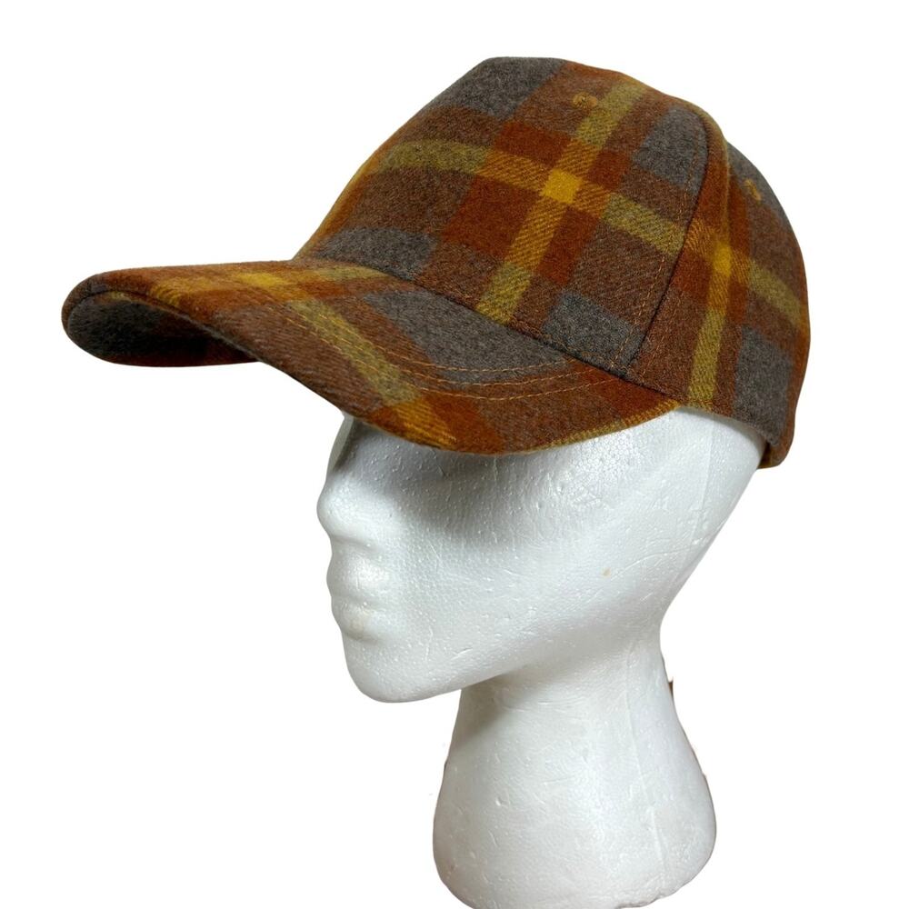 Plaid Baseball Cap Hat Wool Blend Adjustable Back Strap Yellow Orange Gray